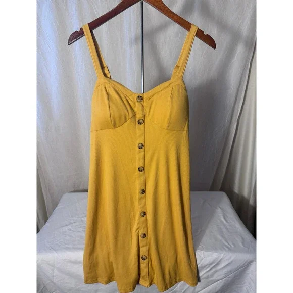No Boundaries Button Front Mini Dress Juniors L 11-13 Yellow Excellent Ribbed - Picture 3 of 6